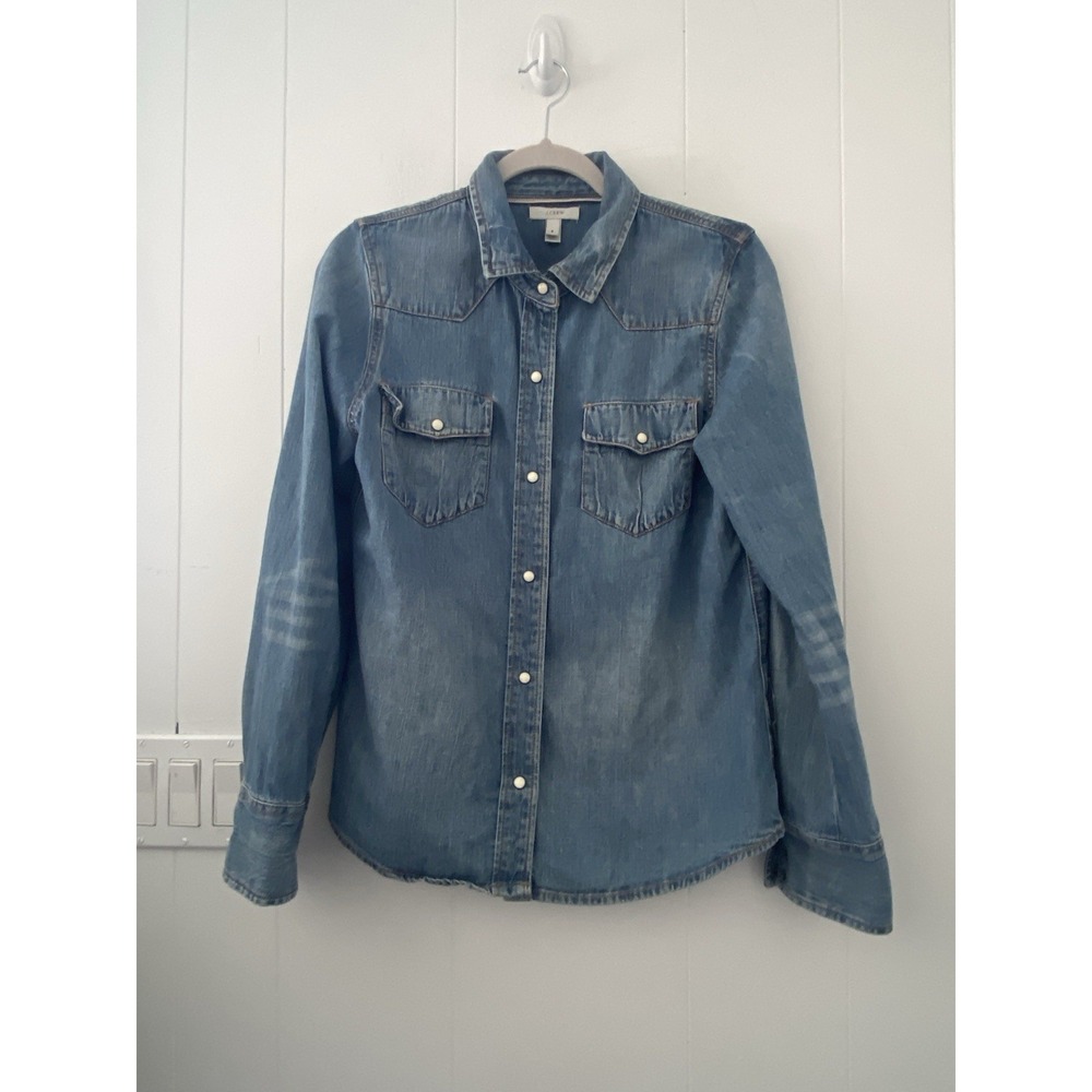 J.Crew Denim Pearl Snap Western Shirt Blue Indigo Cotton Size 8